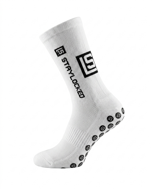 StayLocked football grip sock in white, side view showing logo and grip pads on the sole