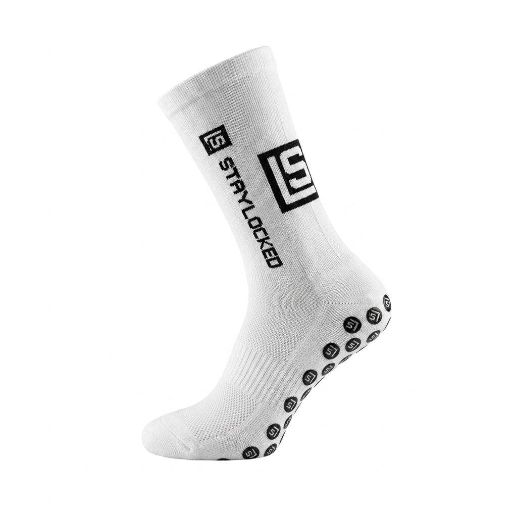 StayLocked white grip sock, side view showing logo and grip pads on the sole