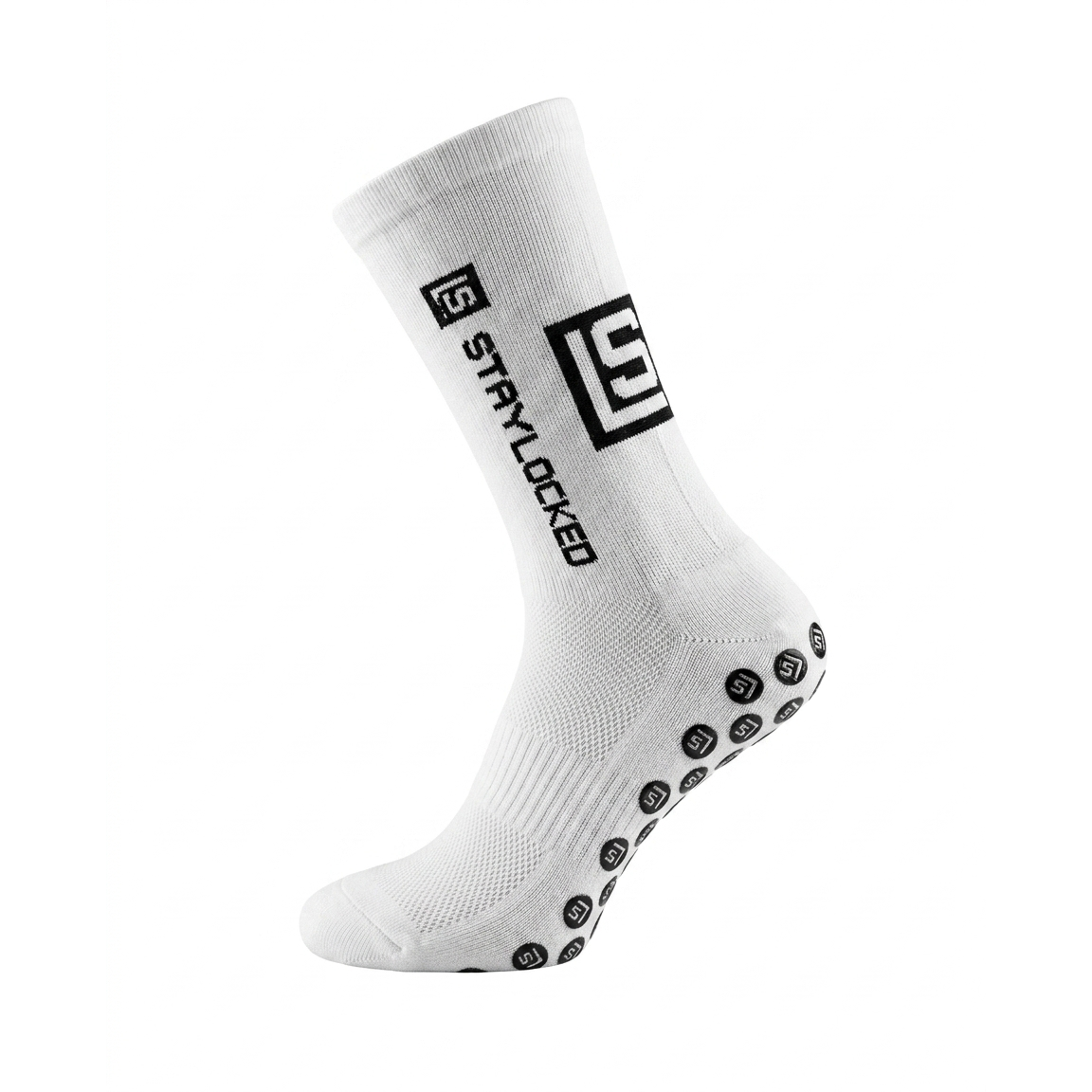 StayLocked white grip sock, side view showing logo and grip pads on the sole