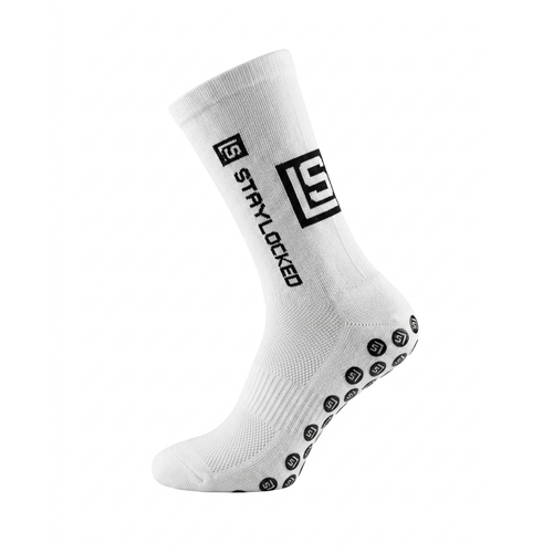 StayLocked white grip sock, side view showing logo and grip pads on the sole