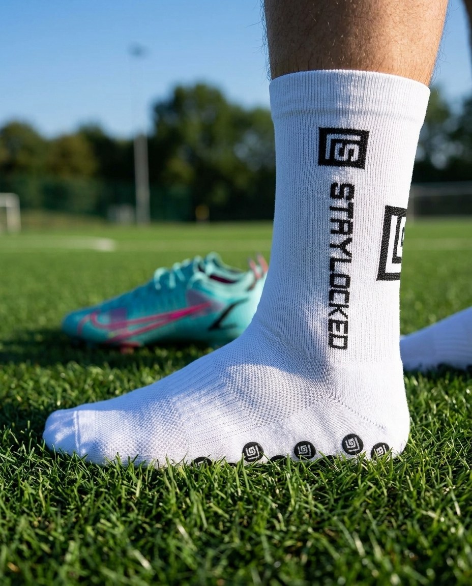 Footballer wearing a StayLocked grip sock on a grass pitch beside a football boot